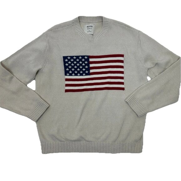 Hollister Relaxed American Flag Sweater Cream Medium Cotton EXCELLENT 🇺🇸 - Picture 3 of 11